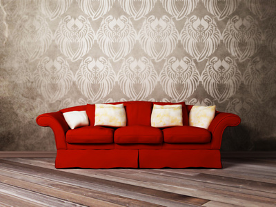 现代室内设计的客厅里有一个红色的沙发