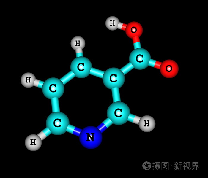 烟酸(b3) 分子结构在黑色背景上