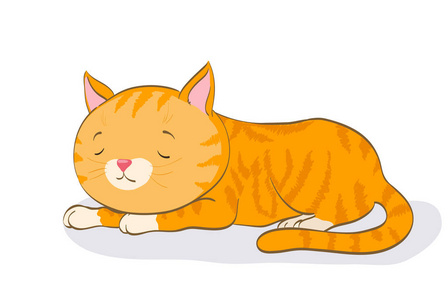 睡着可爱的小猫。卡通红色斑纹猫。矢量点检