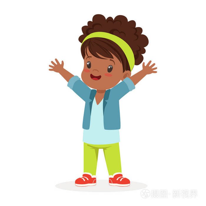 可爱小小的黑头发的姑娘在休闲服装多彩卡通特征矢量图