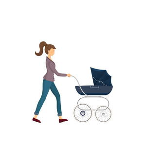 年轻的母亲和婴儿车走。童车可爱图标。与婴儿在露天的散步婴儿车。小孩子，在和妈妈一起散步