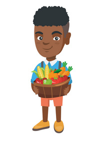男孩抱着篮子里的水果和蔬菜