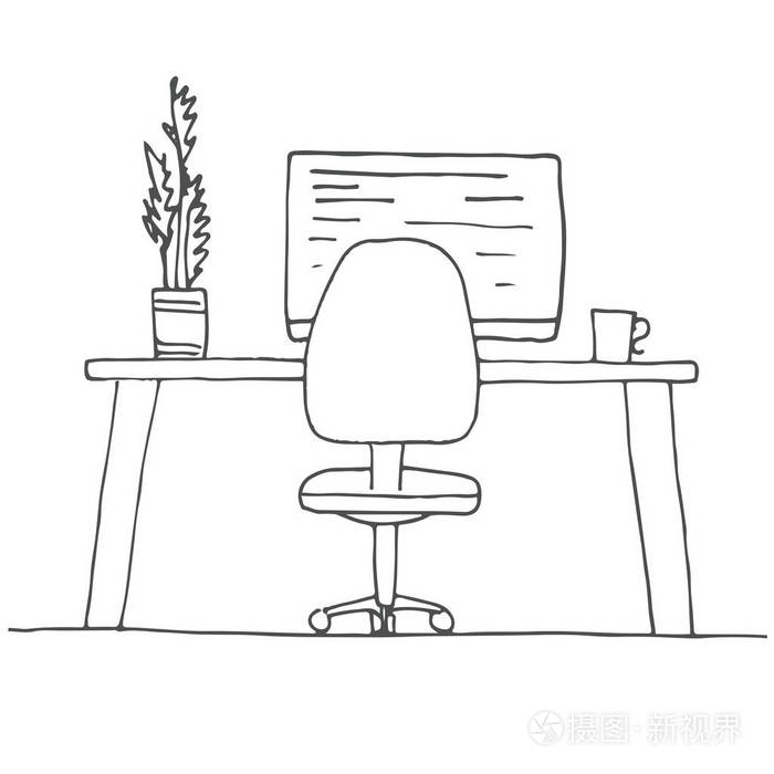素描的房间办公椅办公桌桌上的各种对象草绘工作区矢量图