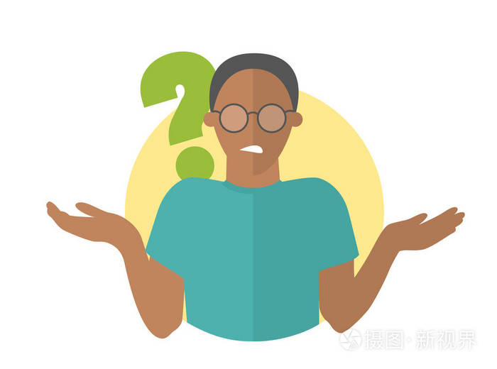 在眼镜疑义的英俊黑人.带问号的家伙.只是可编辑的孤立的矢量图