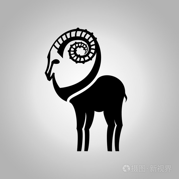 程式化的山羊图的黑色剪影.野山羊在白色背景上签字.矢量图
