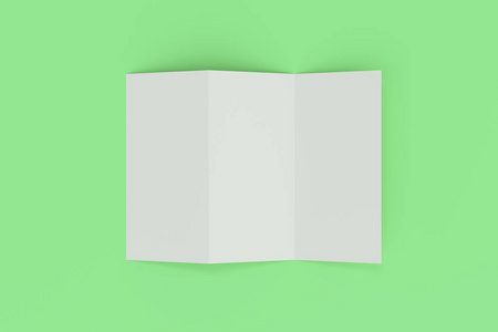 空白的白色三折小册子样机在绿色背景上