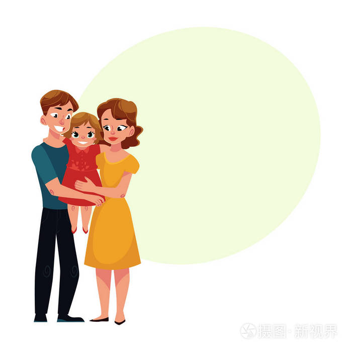 父母,妈妈和爸爸,抱着小女儿,爱全家福插画-正版商用0
