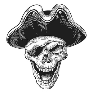 在海盗衣服眼罩和帽子微笑的头骨。黑色复古雕刻矢量