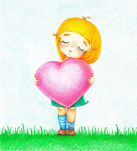 手画的年轻女孩穿着绿色粉红色心站在草地上的彩色铅笔