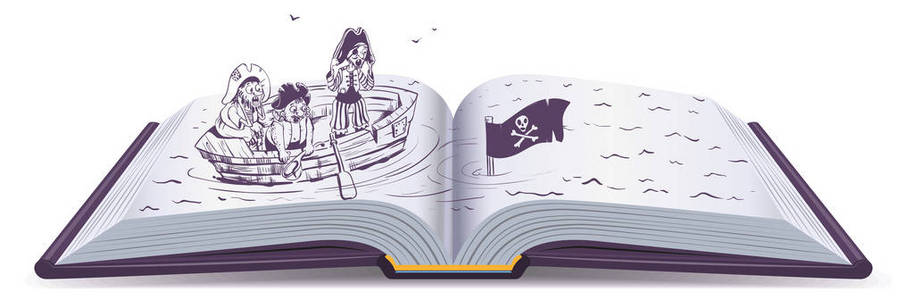 船上沉船的海盗。打开冒险书
