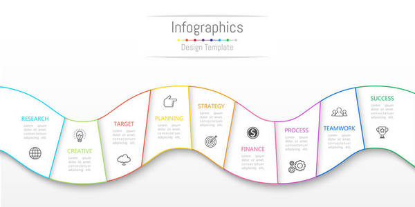您的业务数据与 9 选项 零件 步骤 时间线或过程的信息图表设计元素。矢量图