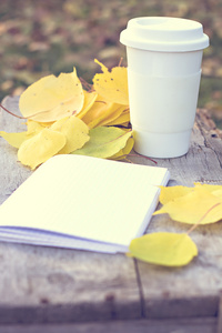 笔记本，杯咖啡和黄色的秋天的树叶