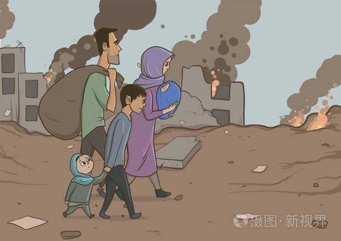 难民家庭与二个孩子在被毁坏的大厦背景.移民宗教和社会主题.
