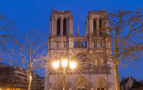 圣母玛利亚大教堂在晚上, 巴黎, 法国