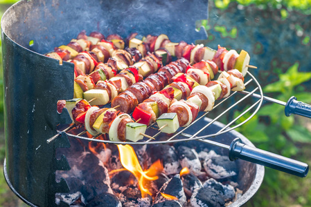 蔬菜和肉串烤肉烧烤在火和烟, 针梳机食物室外在夏天后院