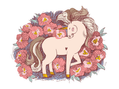 独角兽花牌。手绘矢量图。仙女马围着粉红色的牡丹花