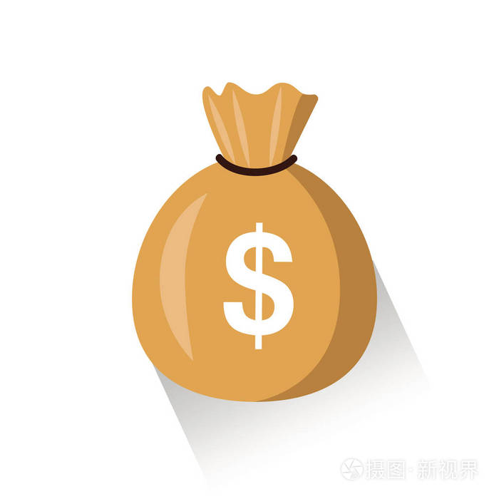 钱袋平面简单卡通插图黑色拉绳和美元符号孤立的白色背景