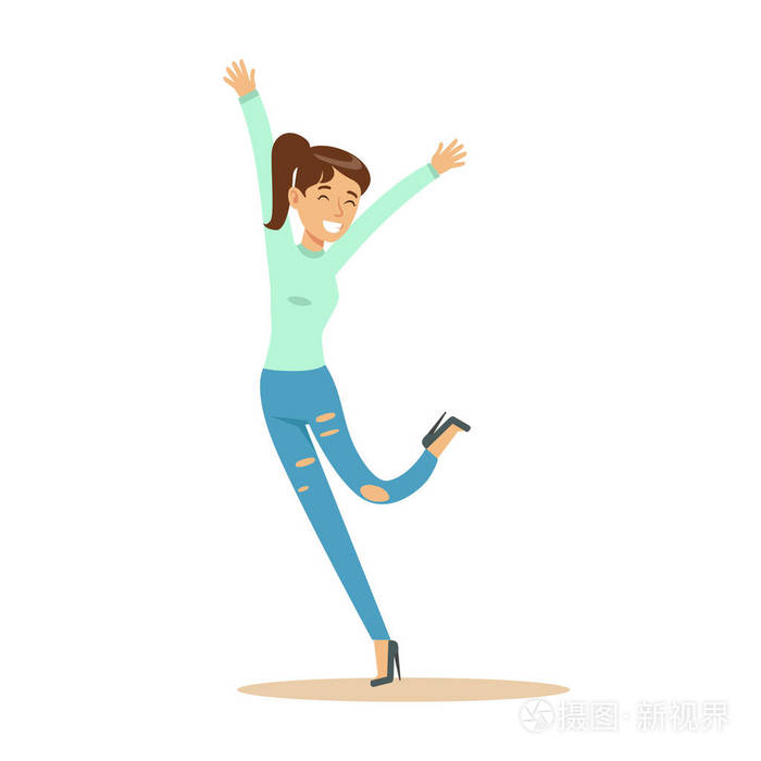 扎马尾辫的女孩沉浸在幸福和快乐快乐欣喜若狂地微笑着的卡通人物