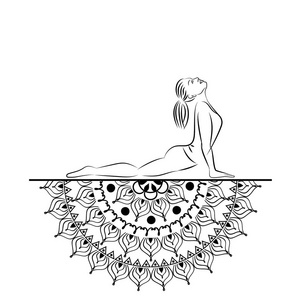瑜伽姿势矢量图中女性线条剪影的瑜珈风格曼荼罗