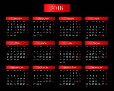 为黑色背景上的明亮的红色信息图形 2018 年年度日历