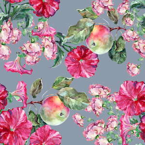 花和苹果，水彩，模式无缝