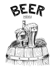 啤酒古典木制桶标志或标志和旗帜。刻在墨手为 web 或酒吧菜单旧素描和复古风格绘制的。慕尼黑啤酒节的设计