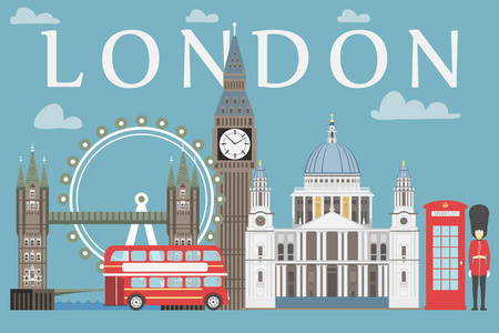 伦敦旅行信息图形。矢量图 大本钟 眼 伦敦塔桥和双层巴士，岗亭，圣保罗大教堂，皇后区警卫，电话