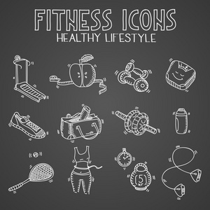 手绘涂鸦素描图标设置健身和体育概念健康营养的生活方式，饮食在黑板上或黑板上