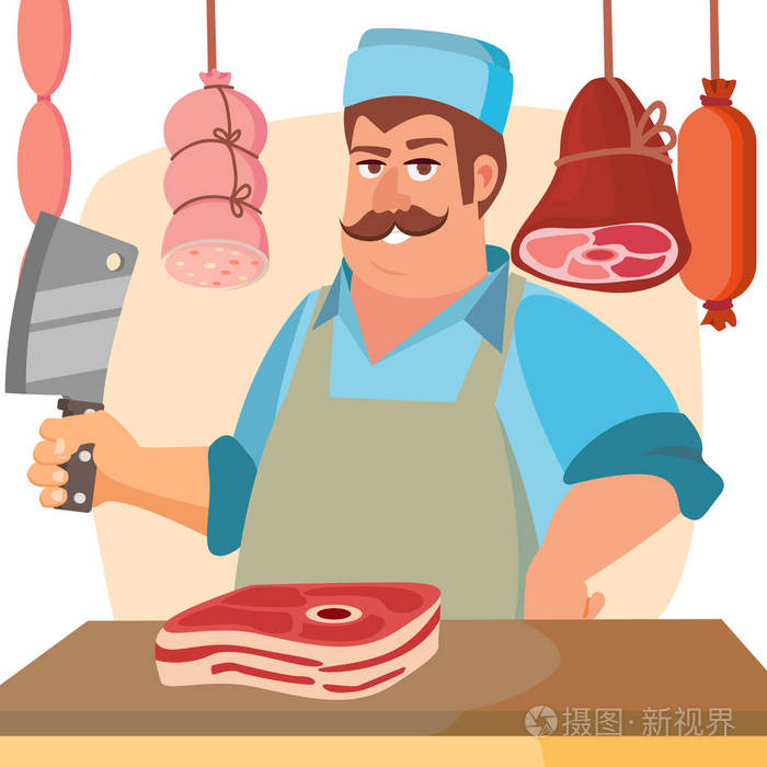 经典专业屠夫用刀的人.牛排,肉品市场,库房广告概念.卡通孤立的图
