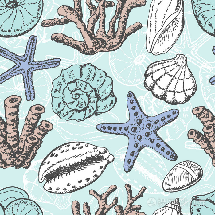 无缝模式与贝壳, 珊瑚, 海星插画-正版商用图片0c0a47