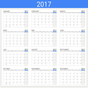 2017 年日历 或工作计划手册，12 个月设置