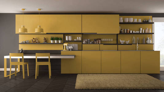 极简主义现代厨房，木制的细节 桌子和椅子