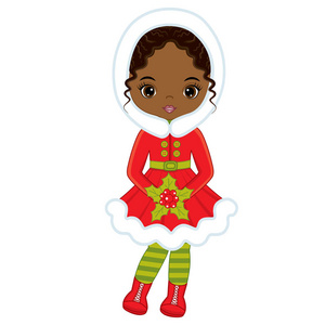 矢量小非洲裔美国女孩与圣诞冬青