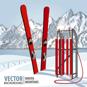 红木制雪橇和滑雪。在冬季的山。矢量背景