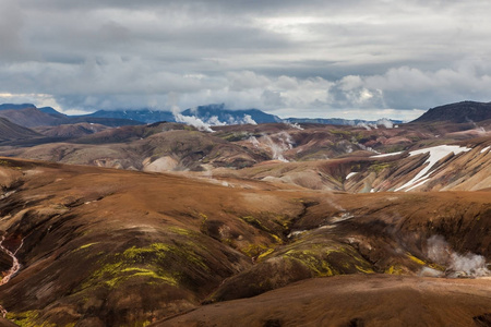 Landmannalaugar 国家公园多彩的雪补丁和冷泉气山的山坡