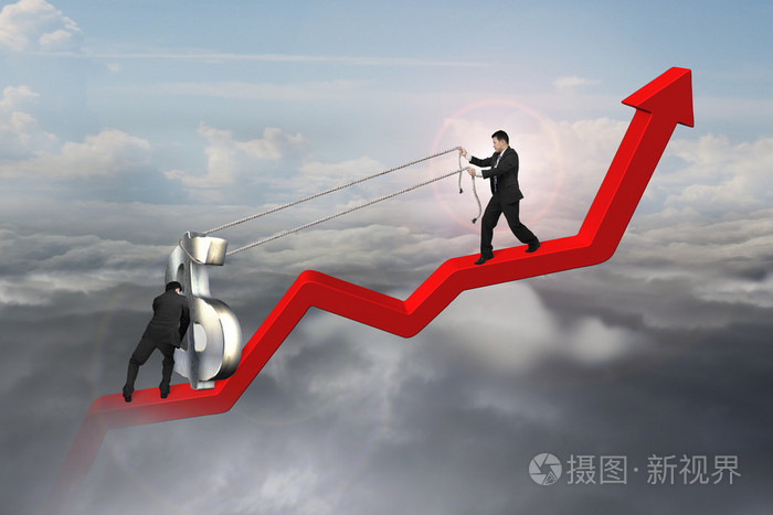 两个商人移动美元向上登录红趋势线