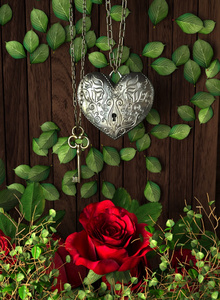 玫瑰和一颗心与木板上的键