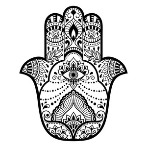 矢量 hamsa 手绘制的符号。在东方风格的室内装饰和图纸用指甲花的装饰图案。古老的手法蒂玛的象征