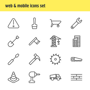 矢量图的 16 结构图标。可编辑包屏障 货车 铁锹和其他元素