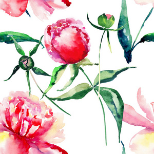 美丽细腻温柔可爱可爱花卉姹紫嫣红的春天夏天粉色，绿色与红色 橙色牡丹叶和芽模式水彩手绘