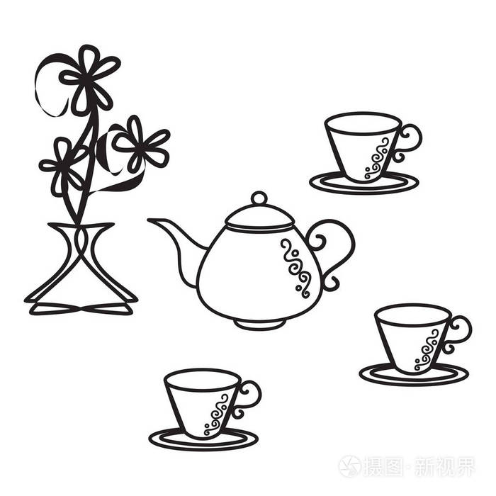 茶具, 杯子, 茶壶, 花瓶与花.孤立的简单黑色矢量