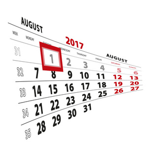 8 月 1 日在日历 2017年上突出显示。每周从星期一开始