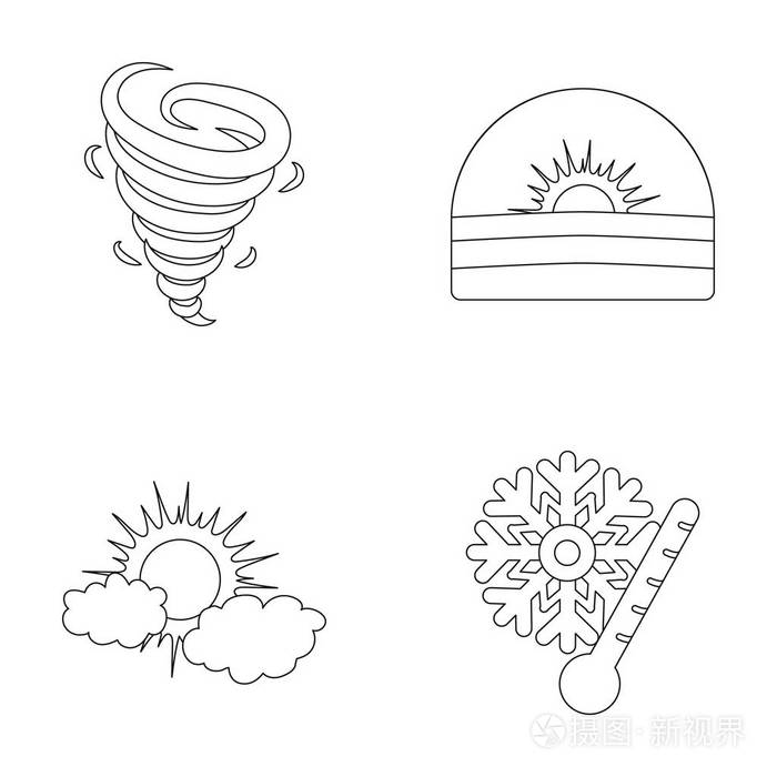 龙卷风日出云雪和霜天气在大纲样式矢量符号股票图web设置集合图标