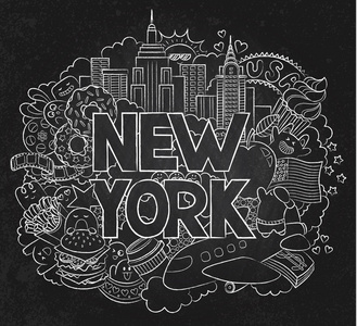 矢量涂鸦插图显示建筑与纽约文化。用一只手的抽象背景黑板绘制文本纽约。广告 明信片 横幅 网页设计模板