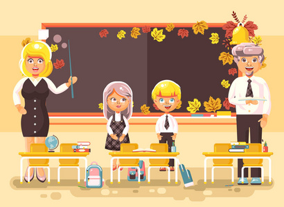 回到学校卡通人物男生女生学生学徒教师坐在课堂中的学习主食与教科书上背景黑板平面样式矢量图