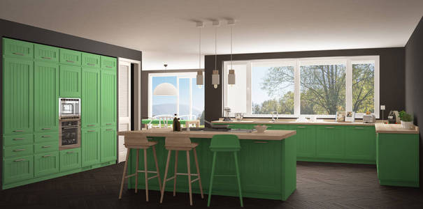 现代斯堪的那维亚厨房带大窗户，全景经典 gr