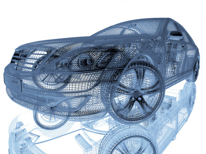 用反射在白色背景上的汽车模型