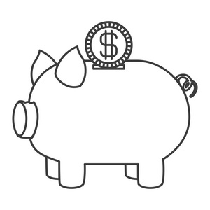 在猪和硬币形状的扑满的单色剪影
