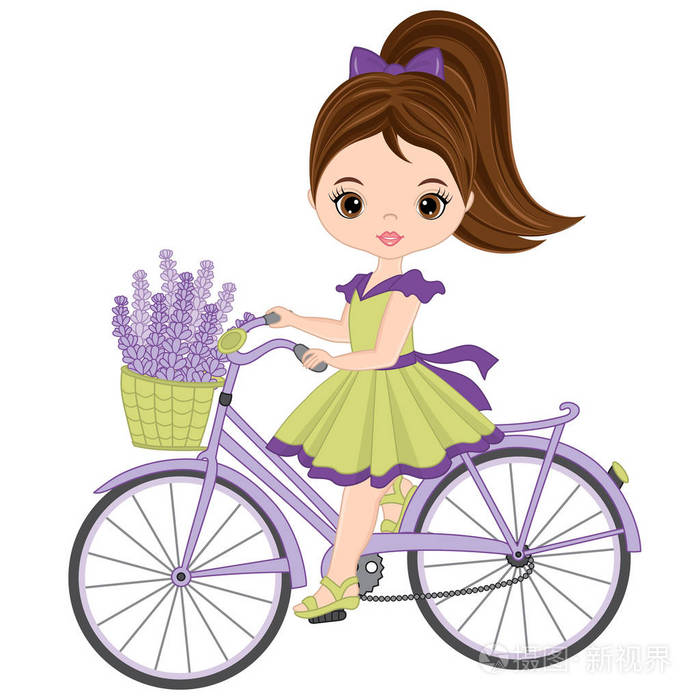 矢量可爱的小女孩,骑自行车.薰衣草矢量女孩插画-正版