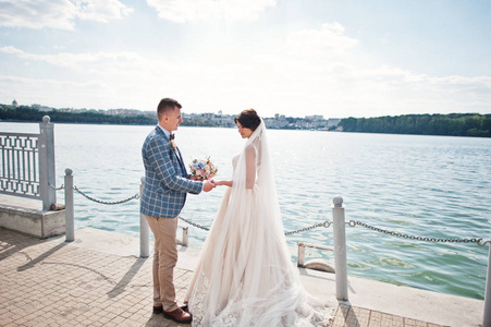 令人惊叹的新婚夫妇湖边走在阳光灿烂的日子